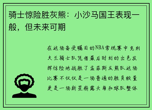 骑士惊险胜灰熊：小沙马国王表现一般，但未来可期